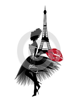 Vector portrait of haute couture fashion blogger in Paris with eiffel tower and red kiss mark