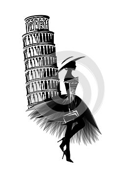 Vector portrait of haute couture fashion blogger wearing dress and wide brimmed hat in Pisa, Italy