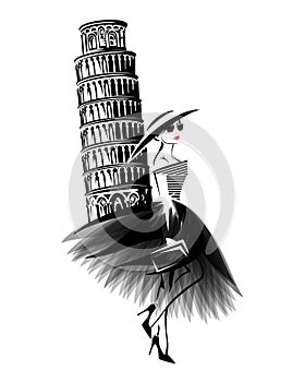 vector portrait of haute couture fashion model wearing dress and wide brimmed hat in Italy, Pisa