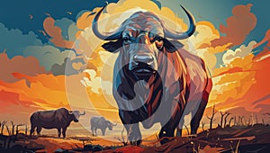 Vector portrait of the head of an adult African buffalo against the background of a herd of buffaloes in the savannah