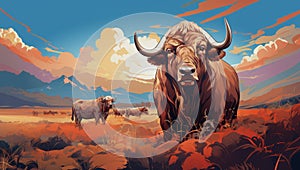 Vector portrait of the head of an adult African buffalo against the background of a herd of buffaloes in the savannah