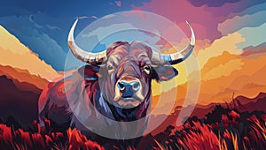 Vector portrait of the head of an adult African buffalo against the background of a herd of buffaloes in the savannah