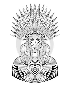 Vector Portrait of Indian head with zentangle War Bonnet. Decorative native zentangle man with feathers for adult coloring