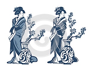 Vector portrait of japanese geisha by the vase with winter season pine tree branches