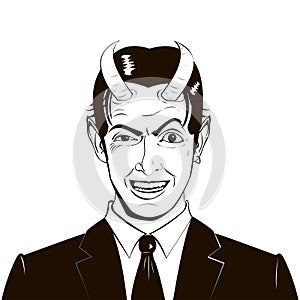 Vector portrait of a malevolent laughing devil business man with horns