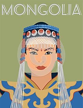 Vector portrait of a Mongol woman in festive national clothes.Illustration in a flat style