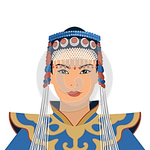 Vector portrait of a Mongol woman in festive national clothes.Illustration in a flat style isolated on a white background