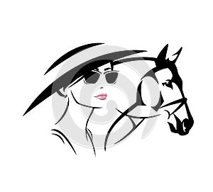 Vector portrait of race horse and elegant woman wearing wide hat and sunglasses at hippodrome