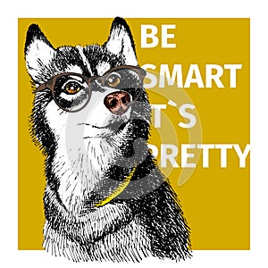 Vector portrait of siberian husky wearing the hipster glasses.