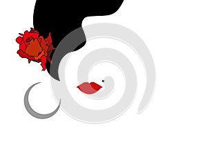 Vector Portrait of traditional Latin or Spanish woman dancer , Lady with accessories and red rose , Icon hair style isolate
