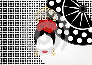 Vector Portrait of traditional Latin or Spanish woman dancer , Lady with gold accessories peineta, earrings and red flower , FAN