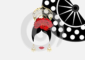 Vector Portrait of traditional Latin or Spanish woman dancer , Lady with gold accessories peineta, earrings and red flower , FAN