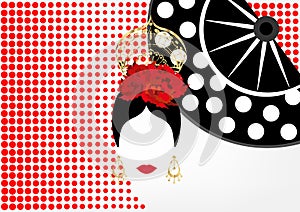 Vector Portrait of traditional Latin or Spanish woman dancer , Lady with gold accessories peineta, earrings and red flower , FAN