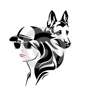 Vector portrait of woman dog trainer wearing sunglasses and baseball cap with her shepherd dog