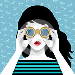 Vector portrait of woman looking through binoculars