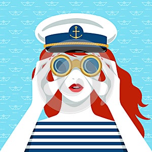 Vector portrait of woman looking through binoculars