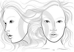 vector portrait of a woman`s profile and full face with long beautiful hair, facechart, face chart for makeup