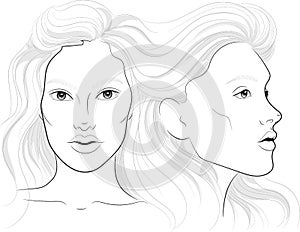Vector portrait of a woman`s profile and full face with long beautiful hair, facechart, face chart for makeup photo