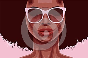 Vector portrait of young beautiful African American woman with light pink sunglasses.