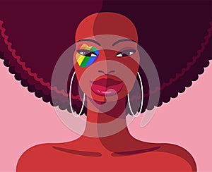 Vector portrait of young beautiful black woman with face painting on the right eye depicting a heart in rainbow colors of lgbt fla