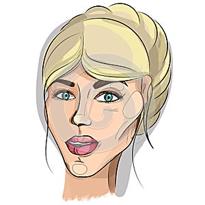 Vector portrait of a young cute woman with blond hair collected in a beautiful hairstyle and light fresh make-up. Print