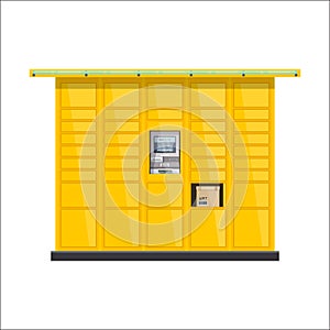 Vector post automat illustration. Postomat branded self-service boxes. Modern technology delivery service machine photo
