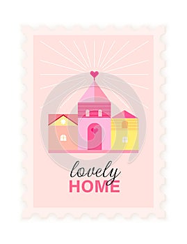 Vector postage stamp with pink house