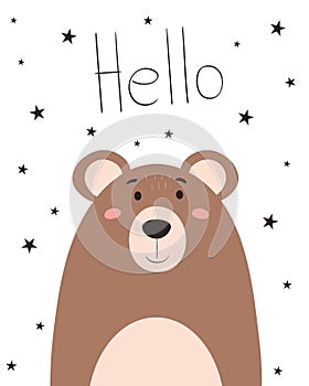 Vector postcard cute bear. Animal in doodle style.