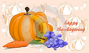 Vector postcard with illustration of autumn fruits and vegetables dedicated to thanksgiving in cartoon style