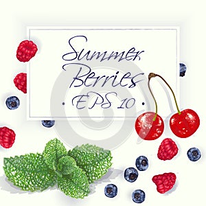 Vector postcard inviting with hand-drawn realistic raspberry, cherry, blaeberry, sprig of mint, juicy colors, appetizing