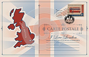 Vector postcard with map and flag of Great Britain