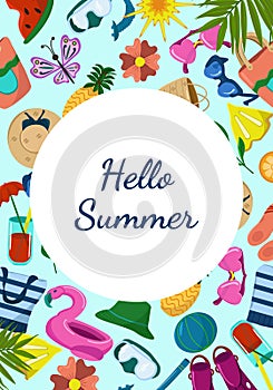 Vector Postcard on the theme of Summer. Image of various Summer items for swimming and relaxing on the Beach.