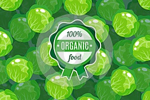 Vector poster or banner with illustration of green round cabbage background and round green organic food label