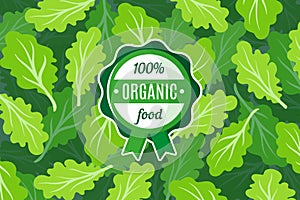 Vector poster or banner with illustration of green salad background and round green organic food label