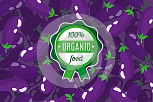 Vector poster or banner with illustration of purple eggplant background and round green organic food label