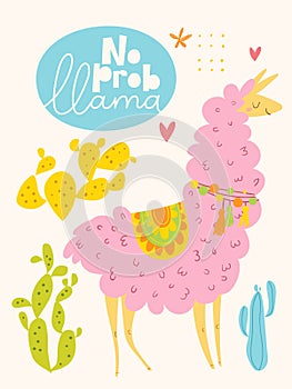 Vector poster or card with cute cartoon lama and cacti