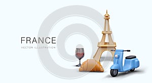 Vector poster with 3D symbols of France. Advertising of shopping, gastronomic, wine tours to Paris photo
