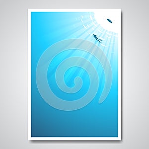 Vector poster with diver in the sea and sun rays pass through th