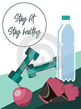 Vector poster with fitness related composition of water bottle, dumbbells, fitness gloves and an apple