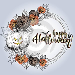 Vector poster with floral wreath. Happy Halloween. Roses, pumpkin, oak and mapple autumn leaves.
