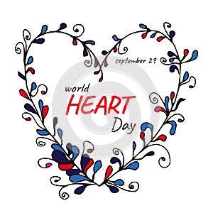 Vector poster of heart in zen art, doodle, hand drawn style with text World Heart Day, 29th september