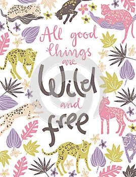 Vector poster with jaguars, tropic plants and hand letterin quot