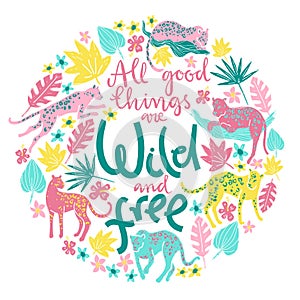 Vector poster with jaguars, tropic plants and hand letterin quot