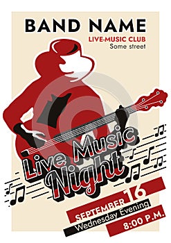 Retro poster - Live Music Night. Easy editable red and black live concert poster template.