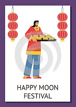 Vector poster mid autumn, happy moon festival illustration, Chinese woman greeting with tray mooncakes, paper lantern
