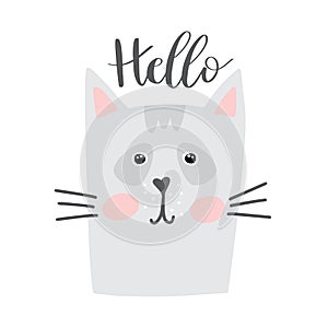 Vector poster, nursety illustration, cute cat face, hand lettering hello text