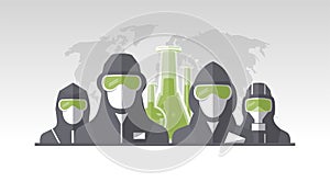 Vector poster with scientists, chemists and pharmacists dressed in protective suits and masks