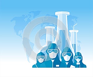 Vector poster with scientists, lifeguards, doctors dressed in protective wear with masks