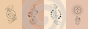 Vector poster set of mystical magic objects- woman hands, moon, sun, stars, planets, snake. Trendy minimal style, line