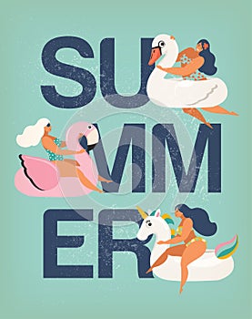 Vector Poster summer illustration card with girl swimming on animal float circle in ocean waves with calligraphy Summer
